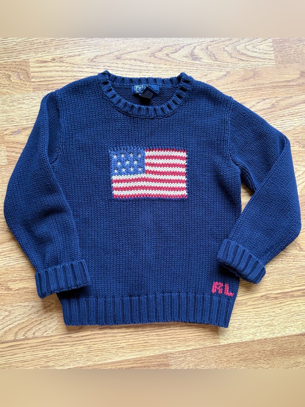 Polo Ralph Lauren Kids Navy Crewneck Knit Sweater American Flag Vtg Sz 6